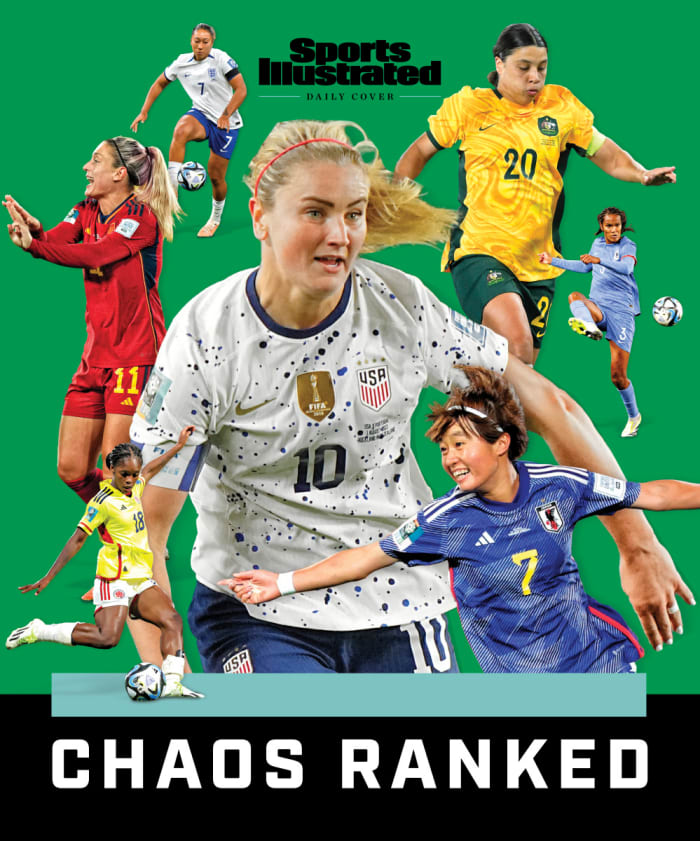 CHAOS RANKED: A graphic of USWNT's Lindsey Horan, Australia's Sam Kerr, France's Wendie Renard, Spain's Alexia Putellas, England's Lauren James, Japan's Hinata Miyazawa and Colombia's Linda Caicedo.